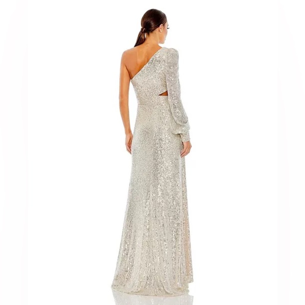 NEW Mac Duggal Ieena Silver Sequined One Shoulder Cut Out Gown Dress Size 2 - Picture 3 of 12